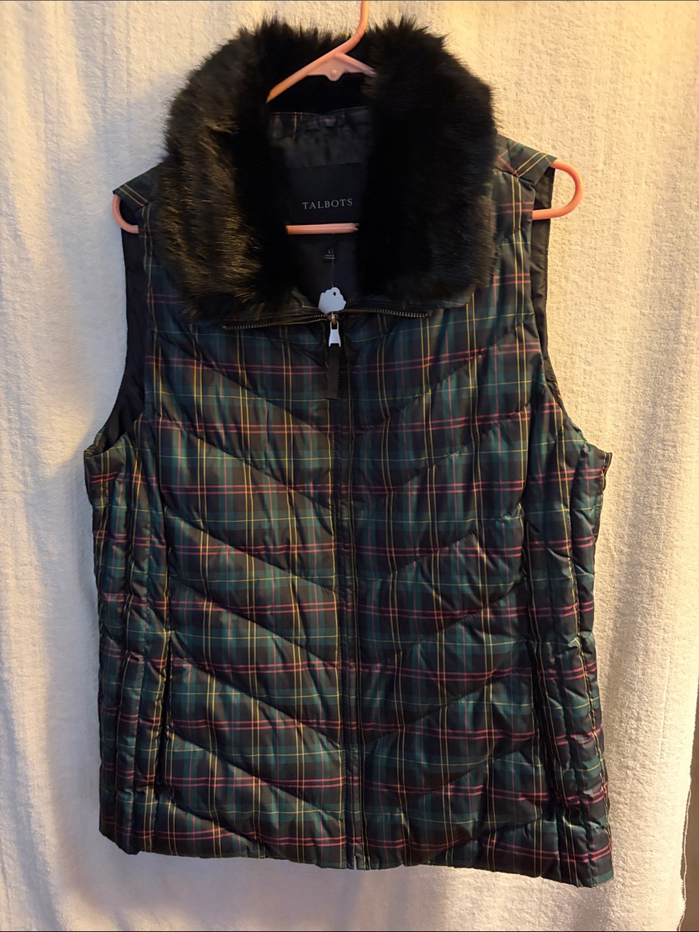 Talbots Green Plaid Quilted Vest with Black Faux Fur Collar